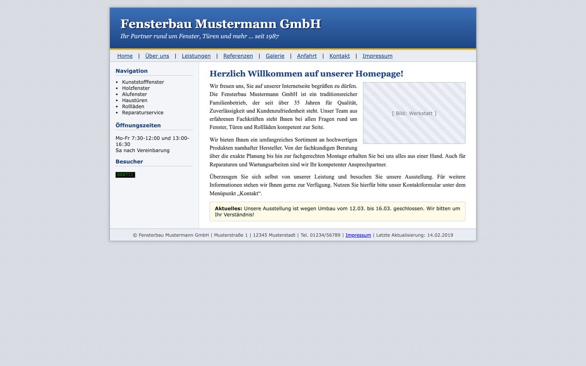 Vorher: typische ältere Handwerker-Website eines ausgedachten Musterbetriebs